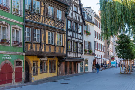 Strasbourg, France, September 21, 2020: Waterfront of a channel passing through the old town of Strasbourg, Franceのeditorial素材