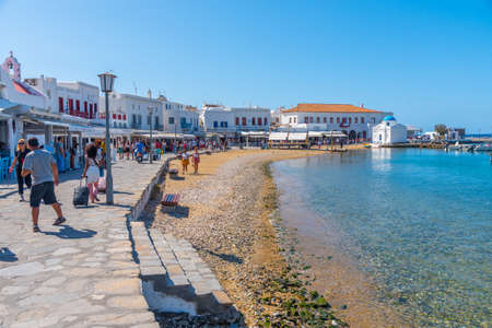 Mykonos, Greece, September 27, 2020: Waterfront of the old port of Mykonos in Greeceのeditorial素材