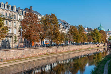 Waterfront of a channel passing through the old town of Strasbourg, Franceのeditorial素材