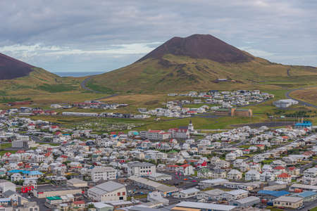 Panorama of Heimaey island with Eldfell and Helgafell volcanos, Icelandのeditorial素材