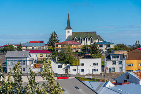 Aerial view of Borgarnes town on Icelandのeditorial素材