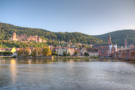 Panorama of Heidelberg behind Neckar river, Germanyのeditorial素材