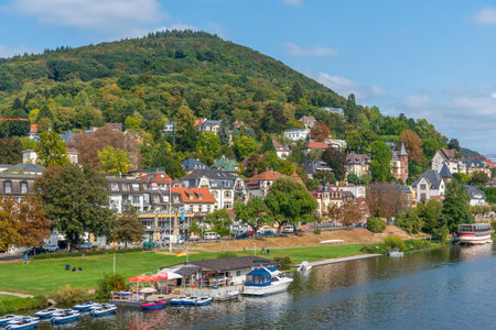 Beautiful villas on riverside of Neckar river in Heidelberg, Germanyのeditorial素材