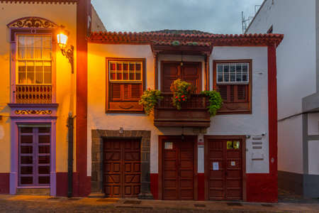 Sunrise view of beautiful traditional houses on the main street in the center of Santa Cruz de la Palma, Canary islands, Spain.の写真素材
