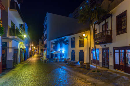 Night view of beautiful traditional houses on the main street in the center of Santa Cruz de la Palma, Canary islands, Spain.の写真素材