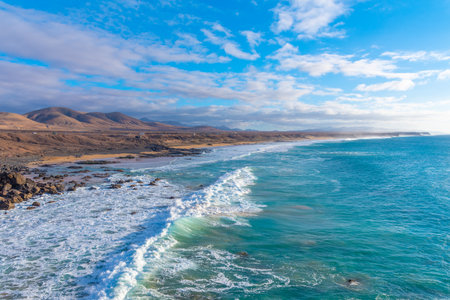 Coastline with beaches extending from El Cotillo village at Fuerteventura, Canary islands, Spain.の写真素材