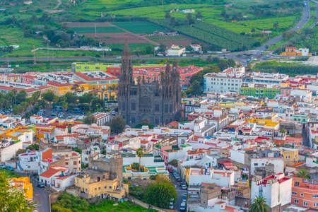 Sunset aerial view of Arucas town at Gran Canaria, Canary Islands, Spain.の写真素材