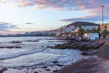 Sunset view of Playa de los Cristianos at Tenerife, Canary islands, Spain.のeditorial素材