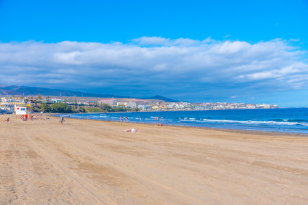 Maspalomas, Spain, Janury 19, 2021: Sunny day at Playa del Ingles at Maspalomas at Gran Canaria, Canary Islands, Spain.のeditorial素材