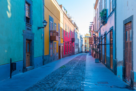 Las Palmas, Spain, Janury 20, 2021: Narrow street in the old town at Las Palmas de Gran Canaria, Canary islands, Spain.のeditorial素材