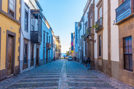 Las Palmas, Spain, Janury 20, 2021: Narrow street in the old town at Las Palmas de Gran Canaria, Canary islands, Spain.のeditorial素材