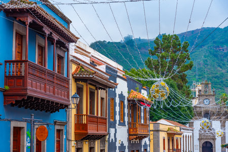 Teror, Spain, Janury 18, 2021: Traditional houses at the main street of Teror at Gran Canaria, Canary islands, Spain.のeditorial素材