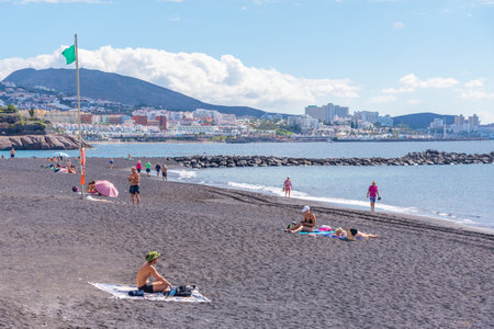 Costa Adeje, Spain, January 13, 2021: Playa el Beril at Tenerife, Canary islands, Spain.のeditorial素材
