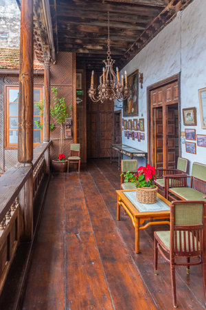 La Orotava, Spain, Janury 12, 2021: Yard at Casa de los Balcones in the old town at La Orotava, Tenerife, Canary islands, Spain.のeditorial素材