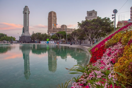 Santa Cruz de Tenerife, Spain, Janury 6, 2021: Sunset skyline of Santa Cruz de Tenerife, Canary islands, Spain.のeditorial素材