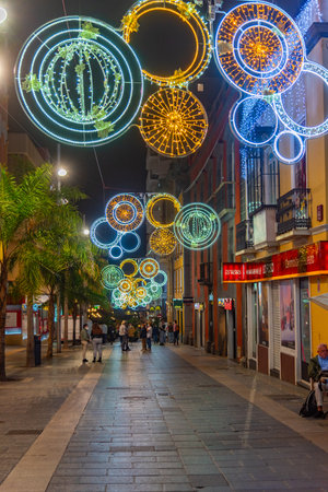 Santa Cruz, Spain, Janury 6, 2021: Night view of central street in the old town at Santa Cruz, Tenerife, Canary islands, Spain.のeditorial素材