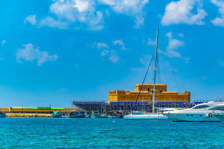 Paphos castle viewed behind a port, Cyprusのeditorial素材