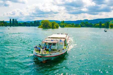 STEIN AM RHEIN, SWITZERLAND, JULY 23, 2016: View of a cruise ship bringing people to Stein am Rhein town in Switzerlandのeditorial素材