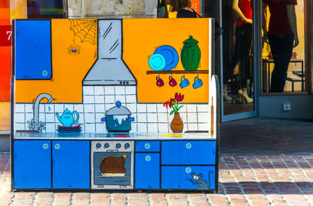 SCHAFFHAUSEN, SWITZERLAND, JULY 22, 2016: View of a colorful artistic bench painted as a kitchen in the swiss city schaffhausen.のeditorial素材