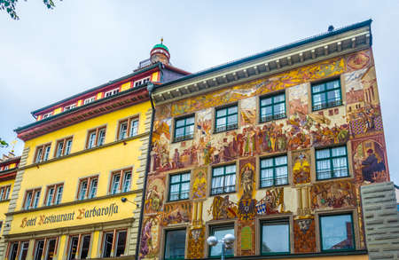 KONSTANZ, GERMANY, JULY 23, 2016: A Colorful house with an artistic facade in the German town Konstanzのeditorial素材