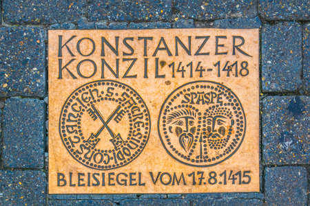 KONSTANZ, GERMANY, JULY 23, 2016: A metal sign commemorates the Konstanz Council which happened...