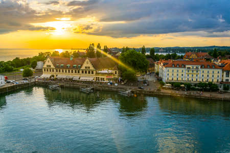 LINDAU, GERMANY, JULY 24, 2016: Panorama view of a port in the german city Lindau during sunset.