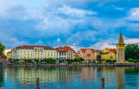LINDAU, GERMANY, JULY 24, 2016: Panorama view of a port in the german city Lindau during sunset.のeditorial素材