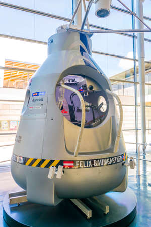 FRIEDRICHSHAFEN, GERMANY, JULY 24, 2016: Capsule from which felix Baumgartner jumped into stratosphere in the zeppelin museum in friedrichshafen, Germany.のeditorial素材