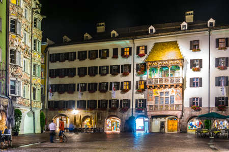 INNSBRUCK, AUSTRIA, JULY 26, 2016: Night view of the famous goldenes dachl in Innsbruck, Austria.のeditorial素材