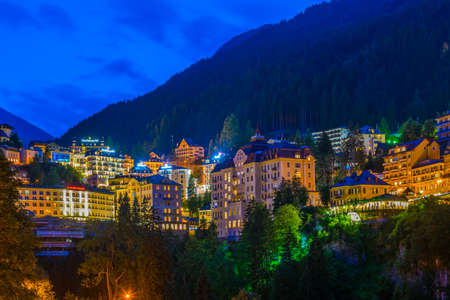 BAD GASTEIN, AUSTRIA, JULY 29, 2016: View of hotels in the austrian spa and ski resort bad gastein during sunset.のeditorial素材