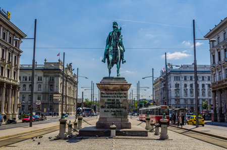 VIENNA, AUSTRIA, MAY 31, 2015: Schwarzenbergplatz in Vienna, Austria. Vienna has over 10 million visitors a year. View towards the sculpture of Karl Phillip Schwarzenberg.のeditorial素材