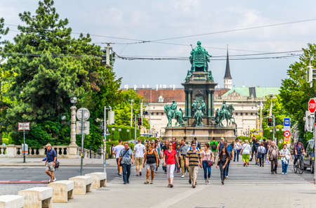 VIENNA, AUSTRIA, JUNE 2016: People are walking through maria-theresien square with museum of natural history and museum of arts on both sides in vienna, Austriaのeditorial素材