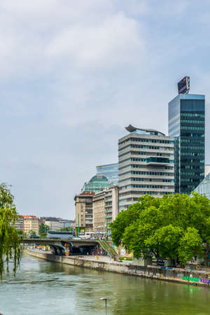 VIENNA, AUSTRIA, JUNE 2016: View of the waterfront of the donau channel in Vienna, Austria.のeditorial素材