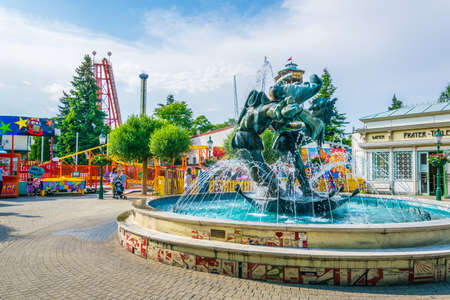 VIENNA, AUSTRIA, JUNE 2016: View of a clown fountain in front of the Wurstel theater in the prater amusement park in Vienna, Austria.のeditorial素材