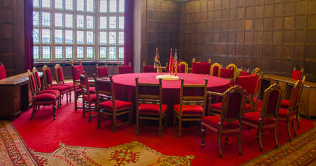 POTSDAM, GERMANY, MARCH 11, 2015: conference room in cecilienhof palace in potsdam, where stalin, churchill (attlee) and truman determined post second world war division of europe.のeditorial素材