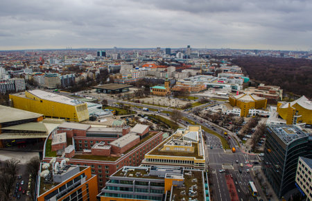 BERLIN, GERMANY, MARCH 12, 2015: aerial view of berlin towards skyscrapers of kurfirstendamm business district and saint matthaus church.のeditorial素材