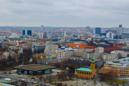 BERLIN, GERMANY, MARCH 12, 2015: aerial view of berlin towards skyscrapers of kurfirstendamm business district and saint matthaus church.のeditorial素材