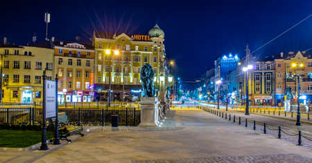 SOFIA, BULGARIA, APRIL 7, 2015: night view of the illuminated lions bridge (lavov most) in bulgarian...