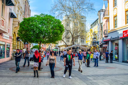 PLOVDIV, BULGARIA, APRIL 7, 2015: People are strolling through the main boulevard in center of Plovdiv which is the host of the European Capital of Culture in 2019.のeditorial素材