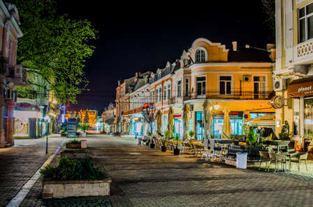 RUSE, BULGARIA, MARCH 25, 2015: night view of illuminated street in city center of the 5th biggest bulgaria town ruse - rousse.のeditorial素材