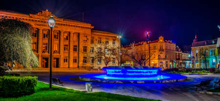 RUSE, BULGARIA, MARCH 25, 2015: night view of the illuminated building of justice in bulgarian city rousse - ruse.のeditorial素材