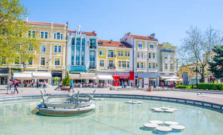 PLOVDIV, BULGARIA, APRIL 7, 2015: The main square in bulgarian city plovdiv is especially marvelous when combining picturesque buildings, magnificent fountain and majestic looking new town hall.のeditorial素材