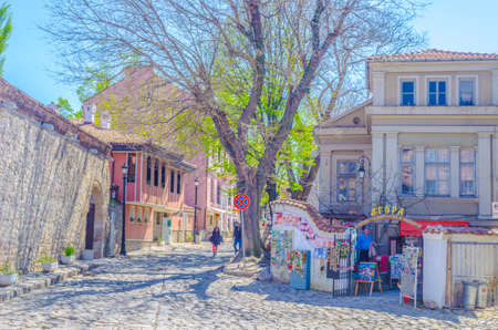 PLOVDIV, BULGARIA, APRIL 7, 2015: old town part of bulgarian town plovdiv is famous for its typical houses which are made of wood and whose first floor is larger than ground floor.のeditorial素材