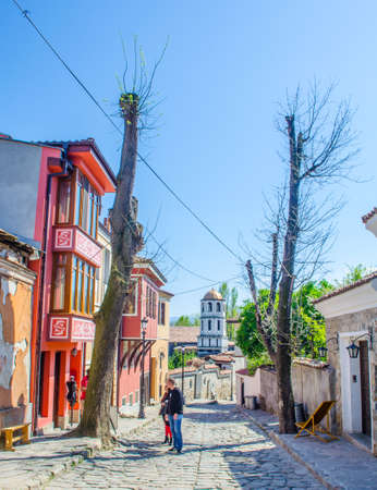 PLOVDIV, BULGARIA, APRIL 7, 2015: old town part of bulgarian town plovdiv is famous for its typical houses which are made of wood and whose first floor is larger than ground floor.のeditorial素材