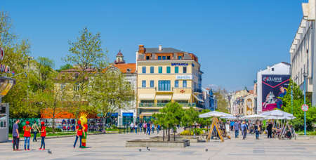 PLOVDIV, BULGARIA, APRIL 7, 2015: People are strolling through the main boulevard in center of Plovdiv which is the host of the European Capital of Culture in 2019.のeditorial素材