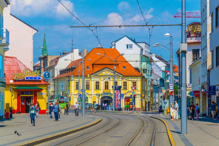 BRATISLAVA, SLOVAKIA, MAY 28, 2016: people are walking through a busy street in the center of Bratislava, Slovakiaのeditorial素材