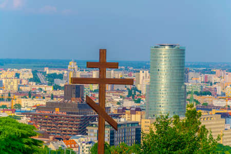 BRATISLAVA, SLOVAKIA, MAY 28, 2016: aerial view of the slovakian national bank and slovak radio with slovakian national cross in Bratislavaのeditorial素材