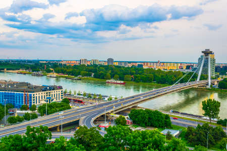 BRATISLAVA, SLOVAKIA, MAY 28, 2016: aerial view of the SNP bridge in Bratislava, Slovakia