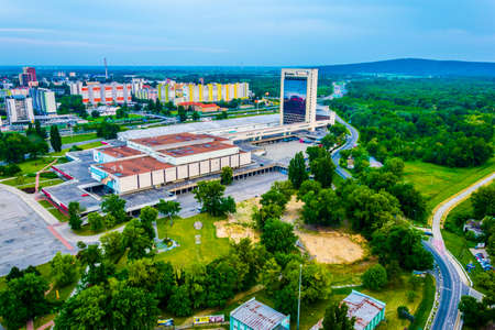 BRATISLAVA, SLOVAKIA, MAY 28, 2016: Aerial view of petrzalka district of Bratislava in slovakia dominated by incheba expo during sunsetのeditorial素材