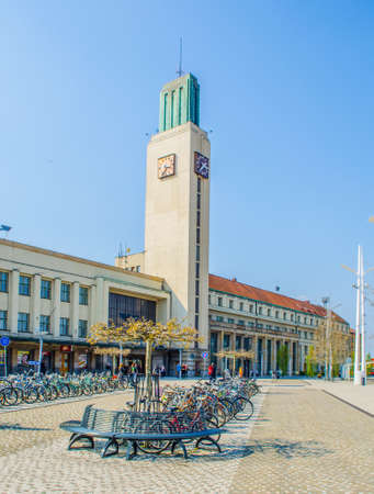 HRADEC KRALOVE, CZECH REPUBLIC, APRIL 29, 2015: people are strolling around the main train station in hradec kralove which together with nearby situated bus station creates transportation hub.のeditorial素材